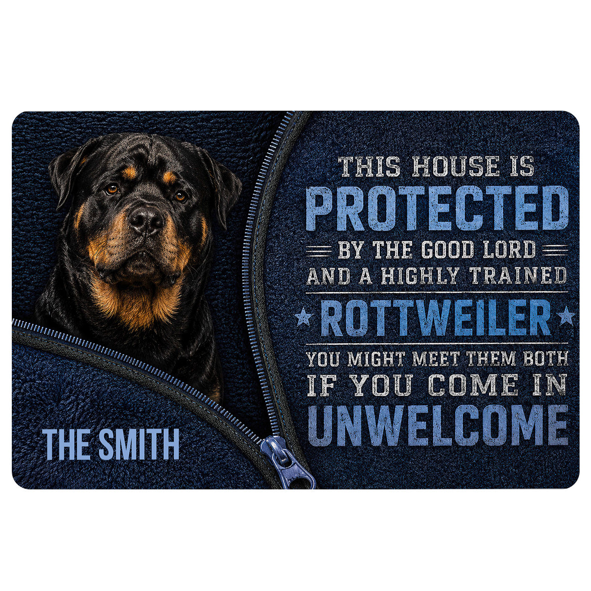 Rottweiler doormat featuring a black and tan dog, blue artwork, and a bold protective entryway message