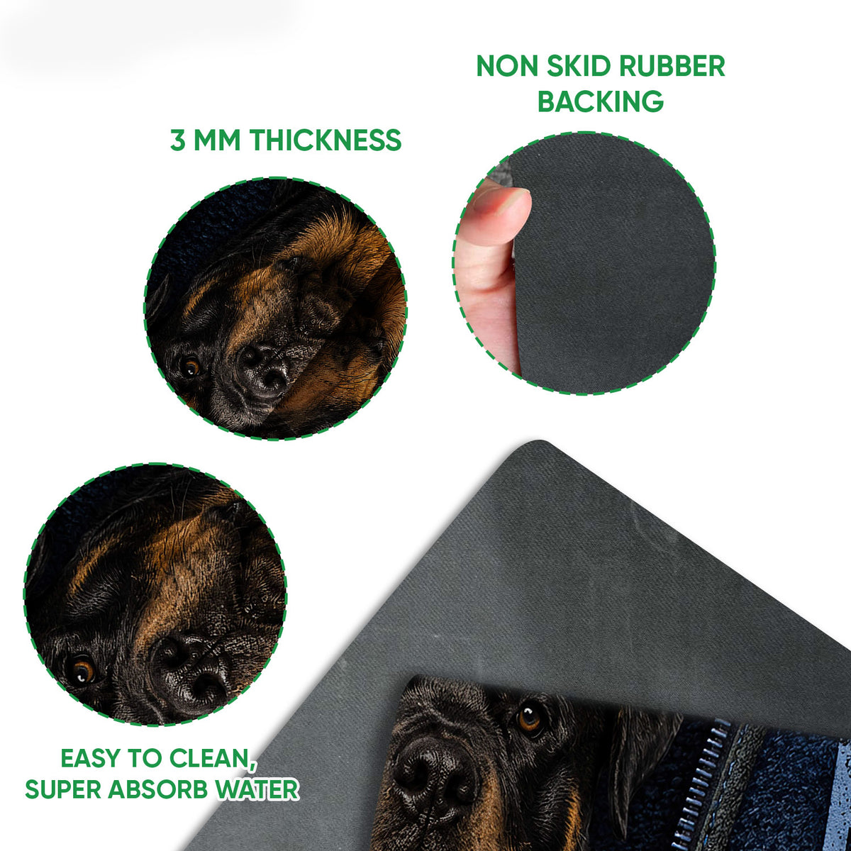 Close-up detail of Rottweiler doormat artwork with rubber backing and textured printed surface