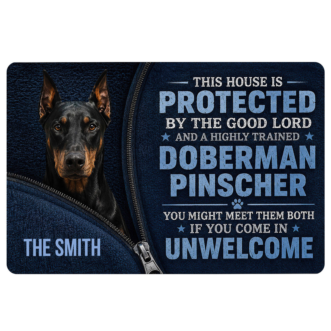 Doberman Pinscher doormat with a black and blue protective home entryway design