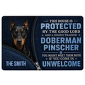 Doberman Pinscher doormat with a black and blue protective home entryway design