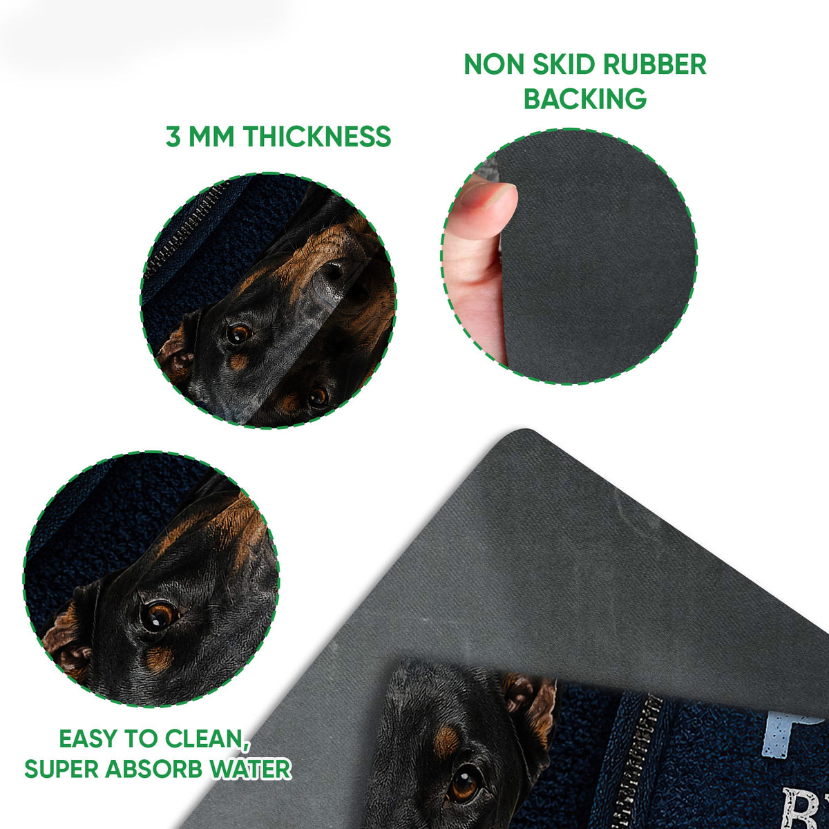 Doberman doormat detail showing the printed top surface and dark rubber backing
