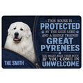 Great Pyrenees doormat with a white dog portrait, navy artwork, paw prints and a humorous guardian message