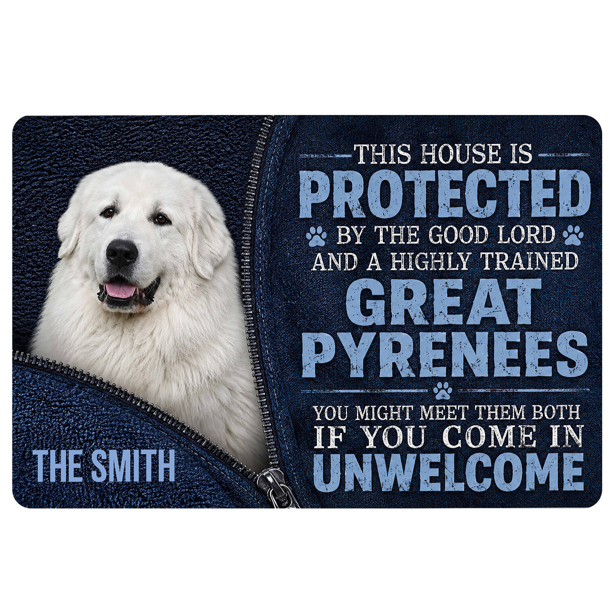 Great Pyrenees doormat with a white dog portrait, navy artwork, paw prints and a humorous guardian message