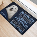 Great Pyrenees dog portrait doormat positioned inside an entryway near a doorway