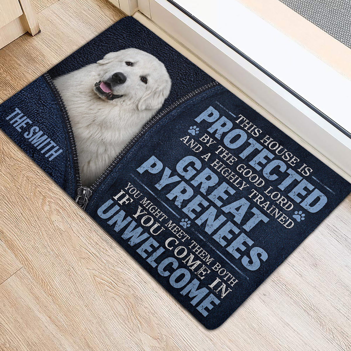 Great Pyrenees dog portrait doormat positioned inside an entryway near a doorway
