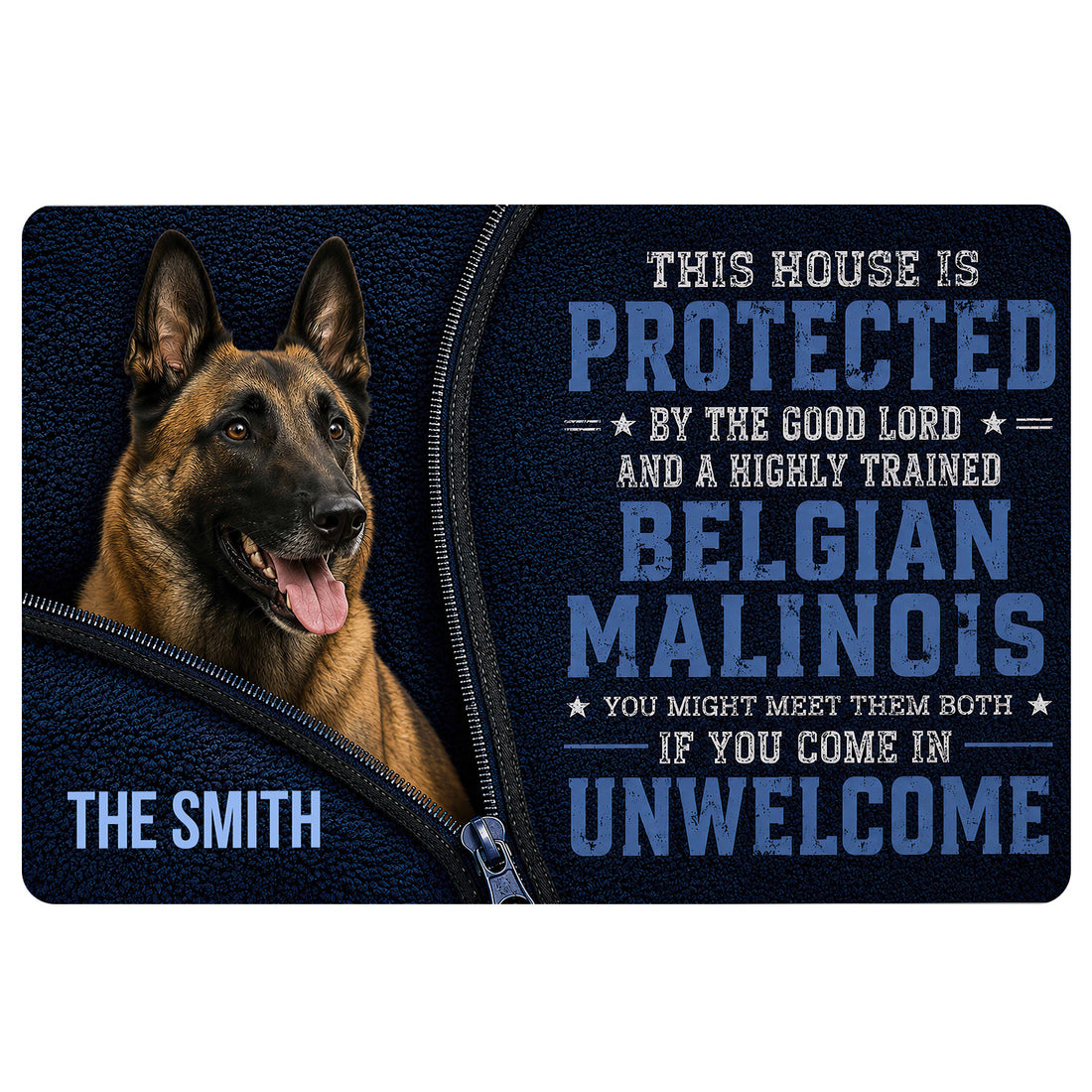Belgian Shepherd doormat with a realistic dog portrait, navy background, zipper artwork and bold guard-dog lettering