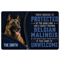 Belgian Shepherd doormat with a realistic dog portrait, navy background, zipper artwork and bold guard-dog lettering
