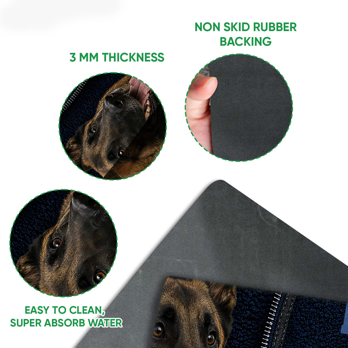 Belgian Shepherd doormat detail showing the printed surface, rubber backing and rounded edge construction