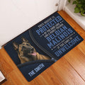 Belgian Shepherd doormat styled at an indoor entryway beside a white door and warm wood flooring