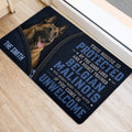 Belgian Shepherd door mat displayed near a bright entry door with realistic dog artwork and bold blue lettering
