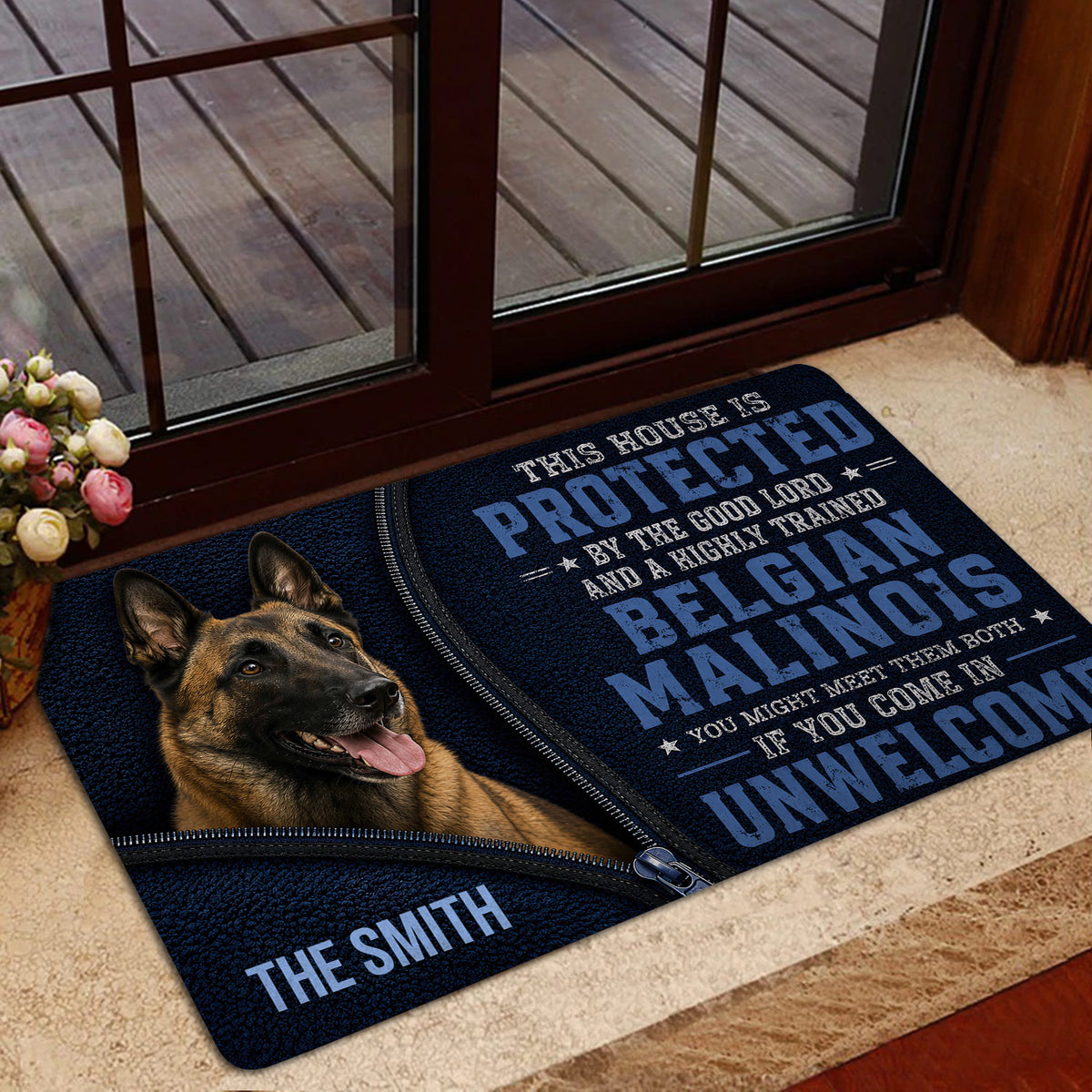 Belgian Shepherd entryway mat shown beside a glass door with navy artwork and a realistic alert dog portrait