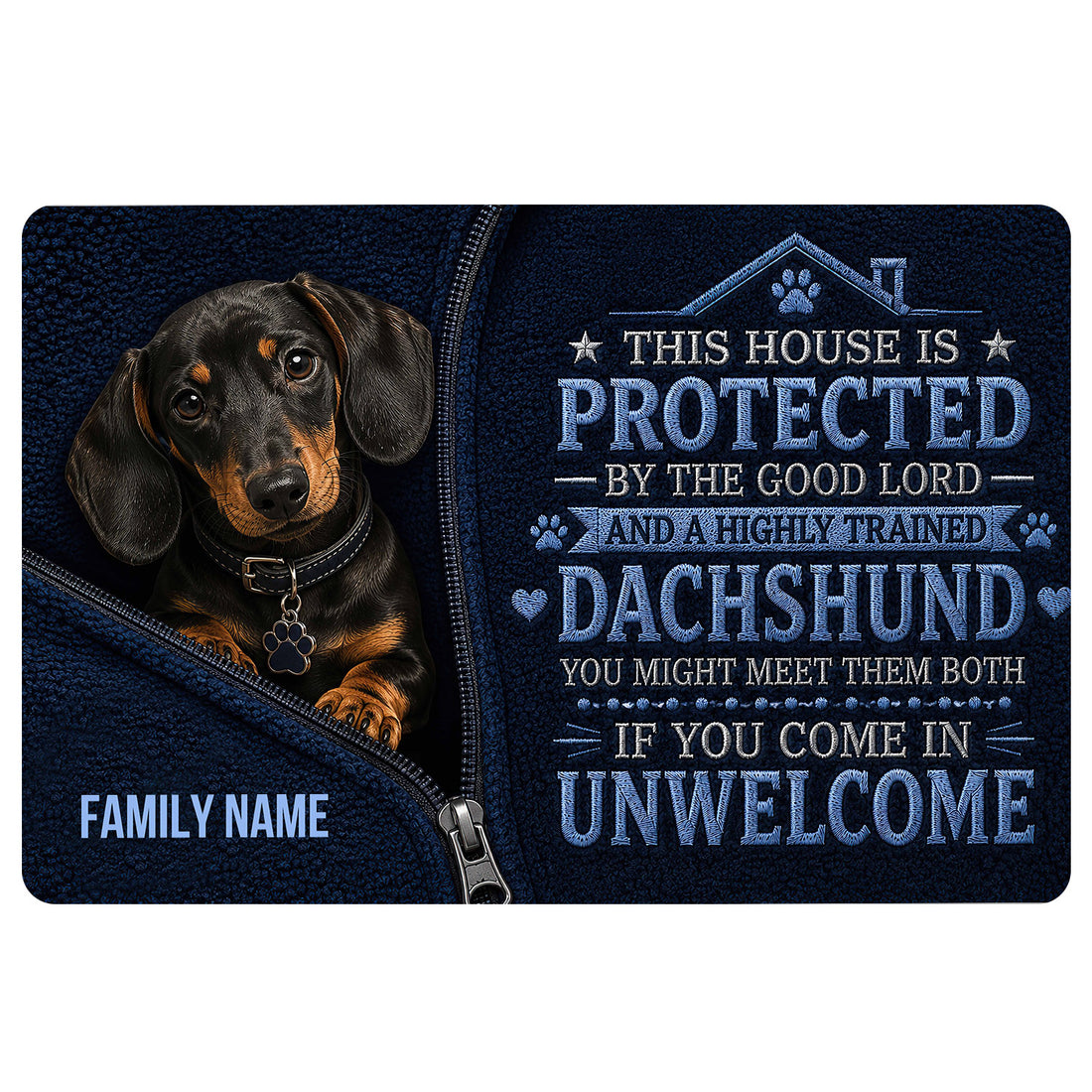 Black and tan dachshund doormat with a protective home message and dark blue artwork