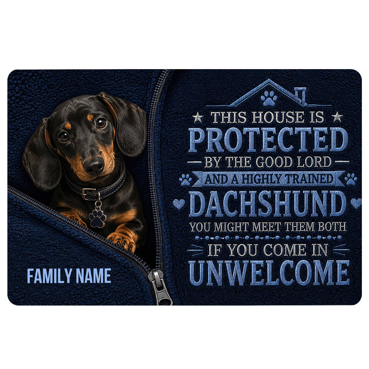 Black and tan dachshund doormat with a protective home message and dark blue artwork