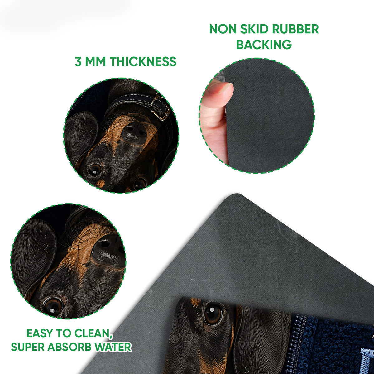 Close-up detail of dachshund doormat artwork and black rubber backing