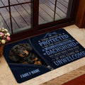Dachshund doormat styled near a glass door in a warm home entryway