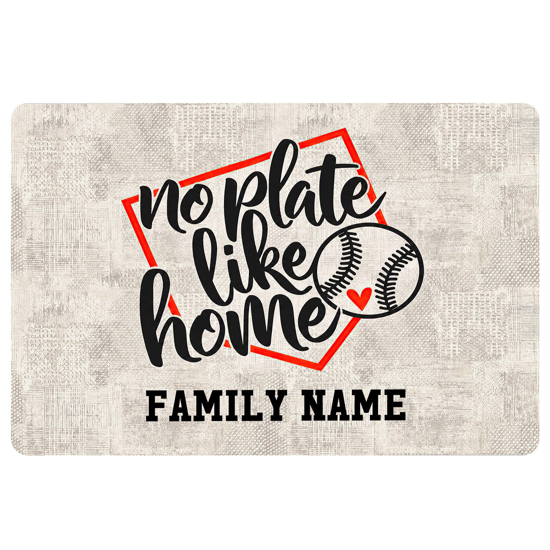 Baseball doormat with bold black script, red accents, baseball artwork, and a family-focused entryway design