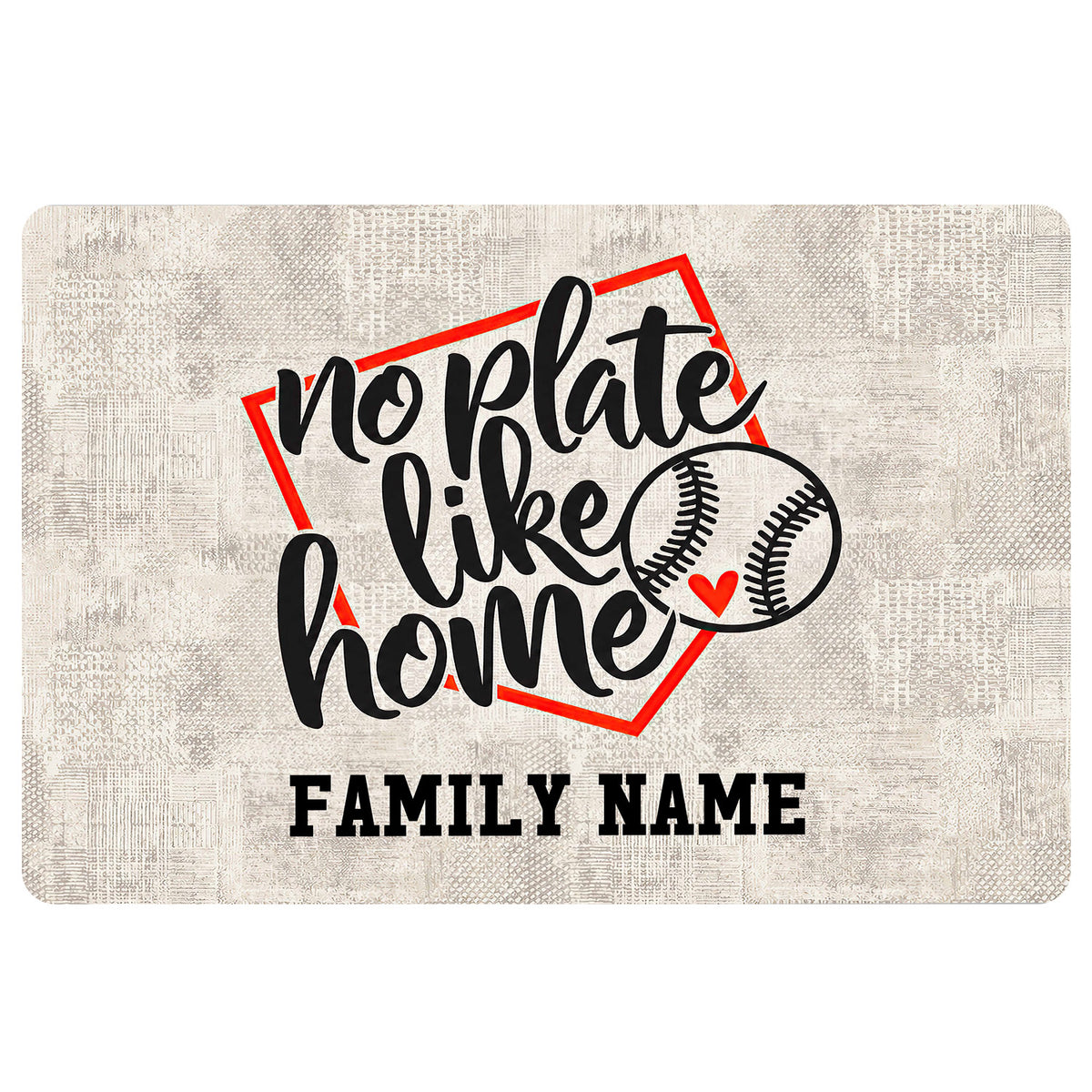 Baseball doormat with bold black script, red accents, baseball artwork, and a family-focused entryway design