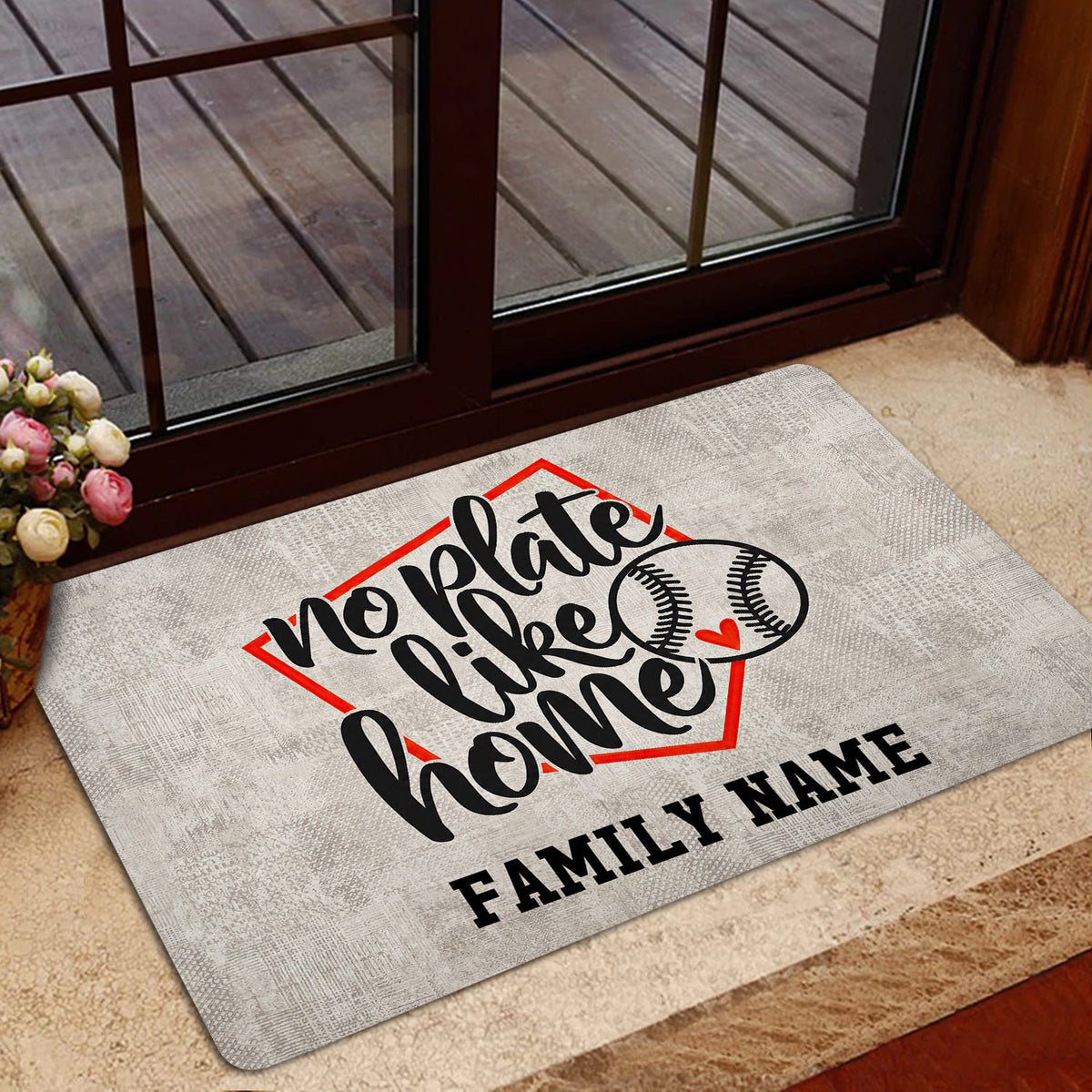 Baseball doormat styled in a home entrance with glass doors, wood flooring, and a welcoming sports theme