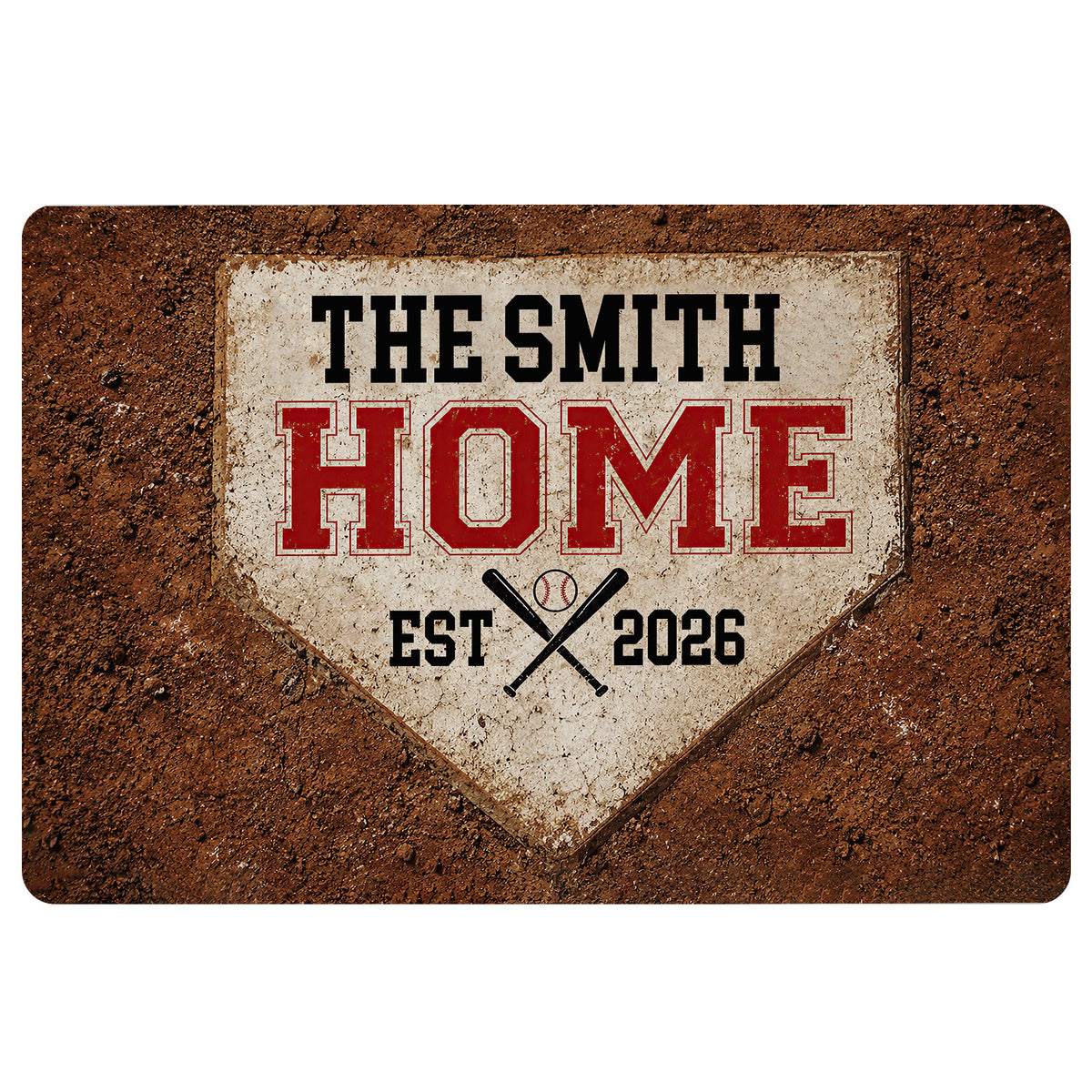 Vintage baseball doormat featuring a home plate design, crossed bats, baseball artwork, and bold red lettering