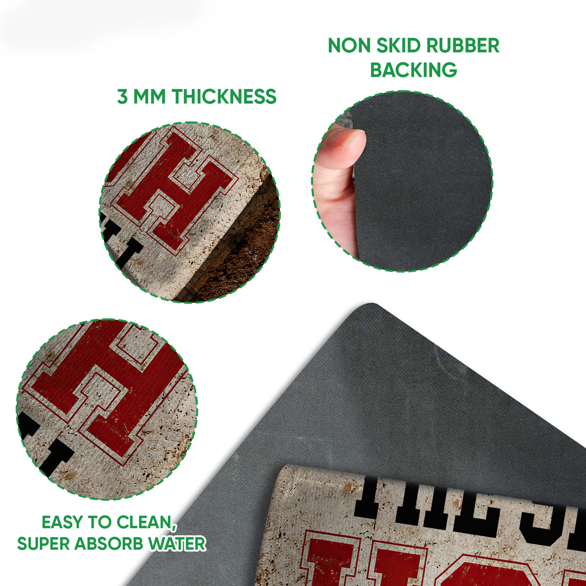 Baseball doormat detail showing the printed felt surface, rounded edge, and black rubber underside