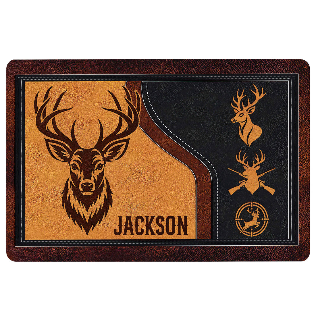 Hunting doormat featuring a large deer head, antlers, smaller deer emblems and rustic brown artwork