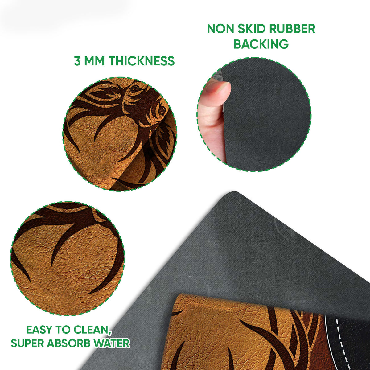 Close-up detail of the hunting doormat artwork and dark rubber backing with traction-focused construction