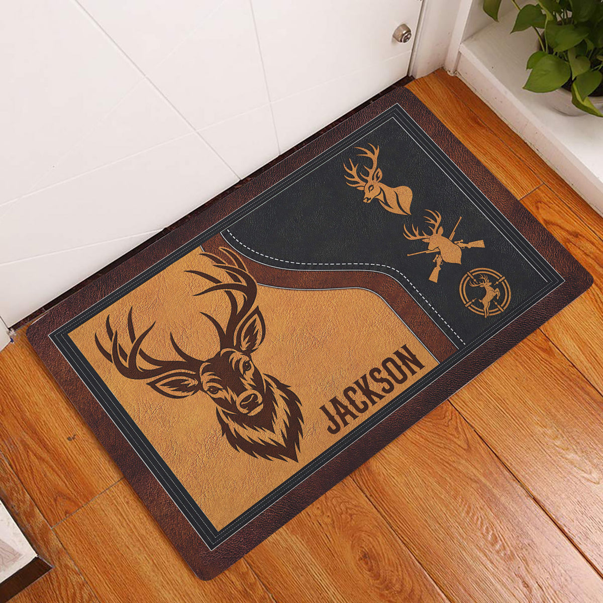 Hunting doormat displayed at an indoor entryway with deer artwork on a warm wood floor