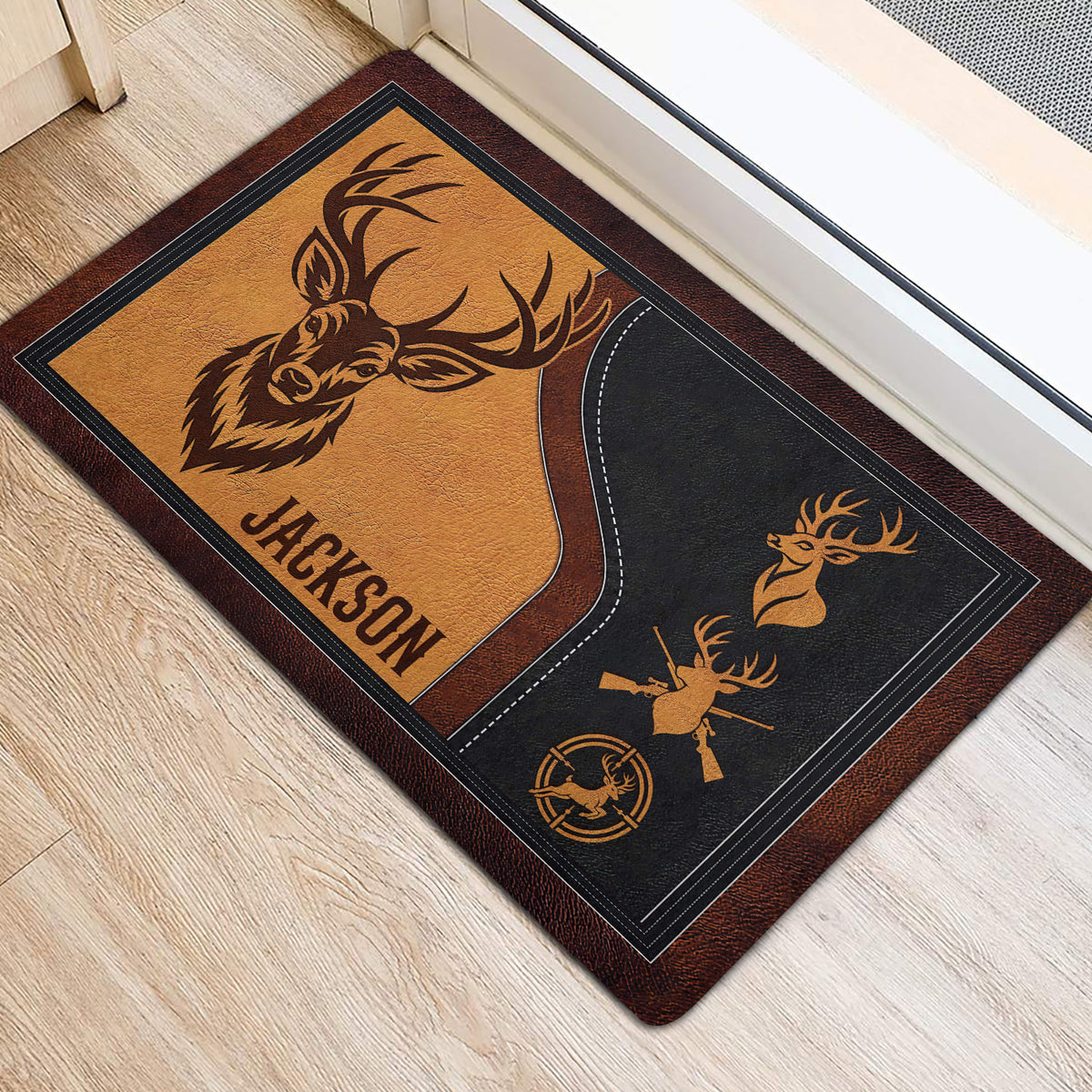 Deer hunting door mat positioned by a doorway, showing rustic brown and black artwork
