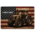 Rustic tractor doormat with a stars and stripes wood-grain design in black, red, tan and cream