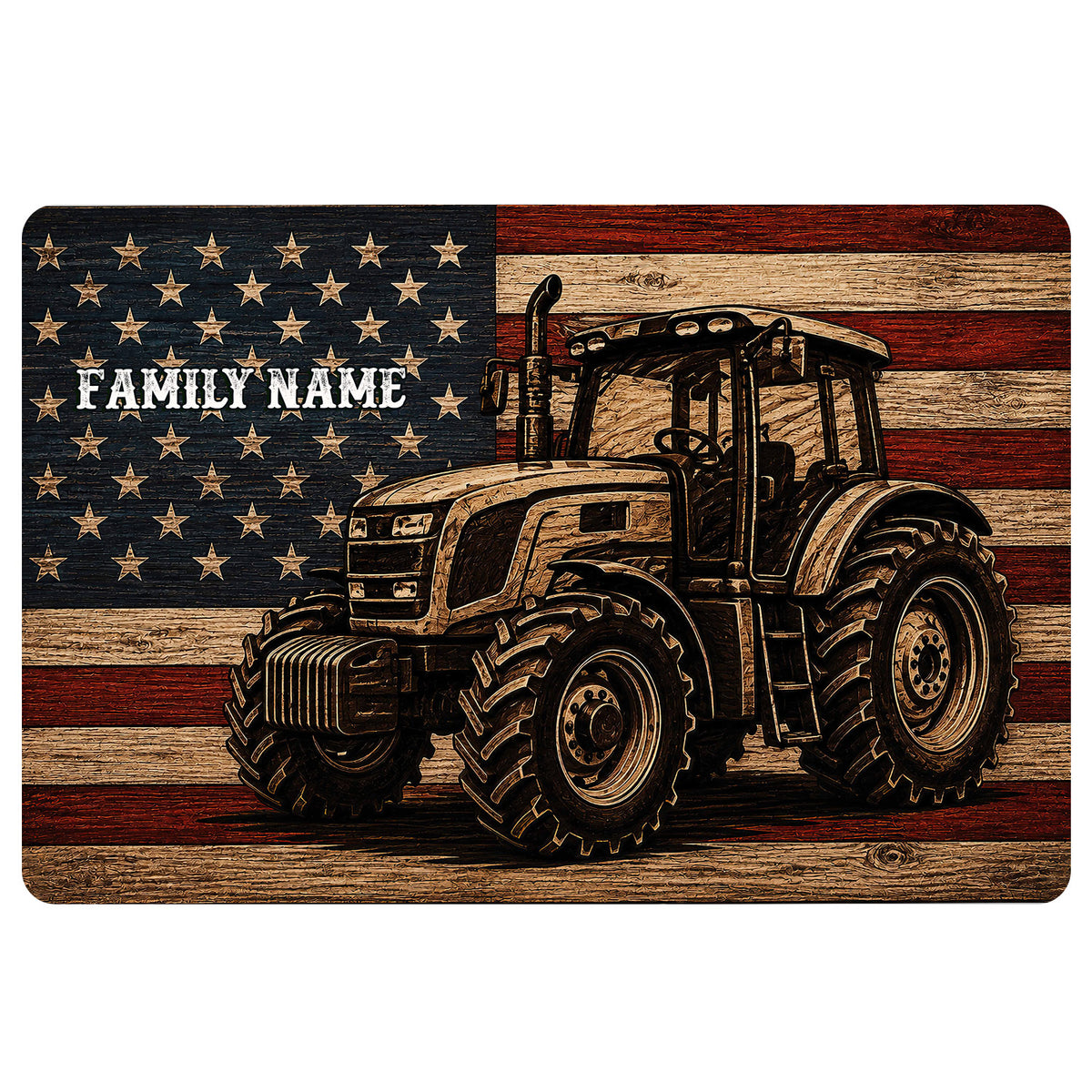 Rustic tractor doormat with a stars and stripes wood-grain design in black, red, tan and cream