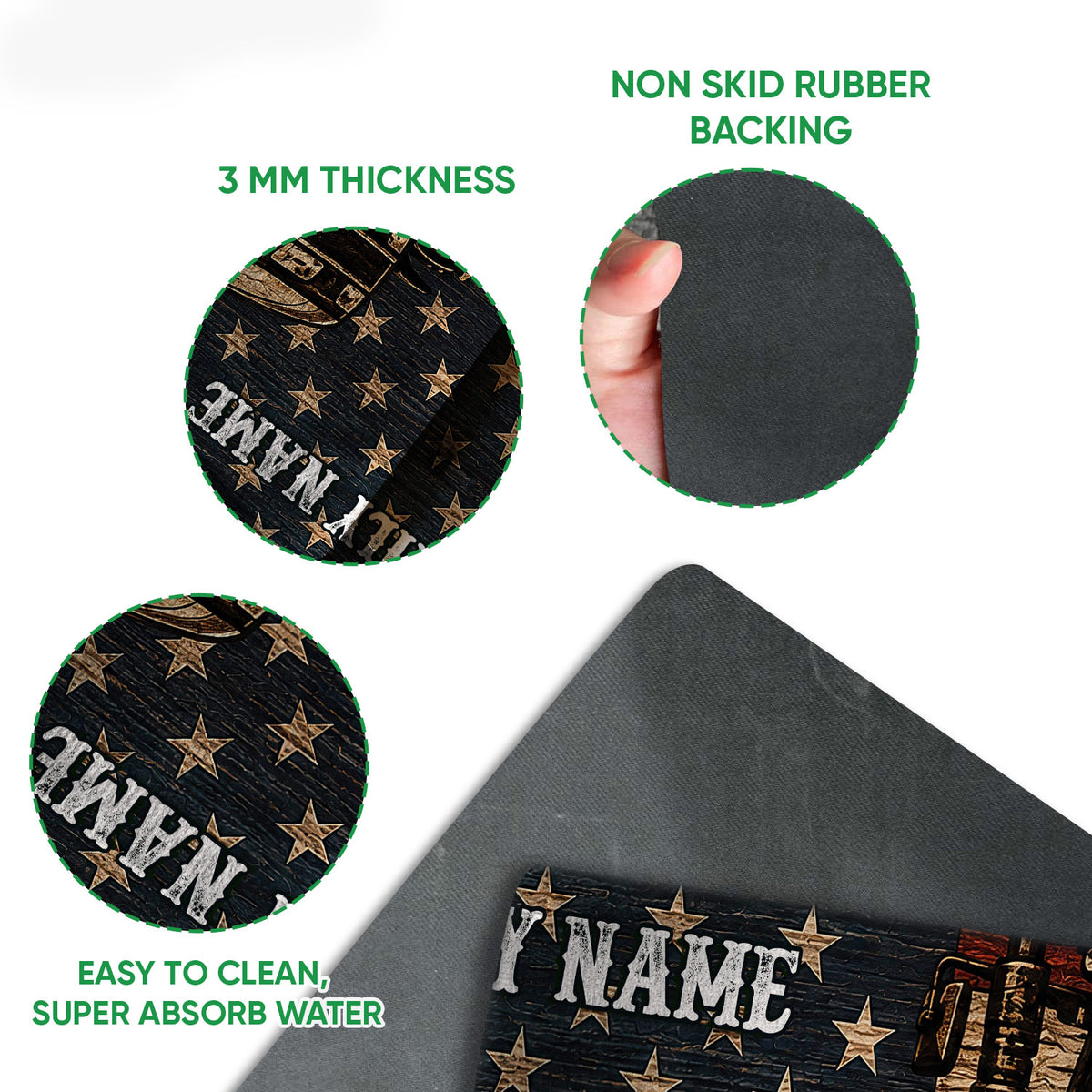 Tractor doormat detail showing the printed surface, rounded edge and dark rubber backing