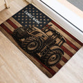 Tractor entryway rug placed beside a doorway with a vintage stars and stripes design