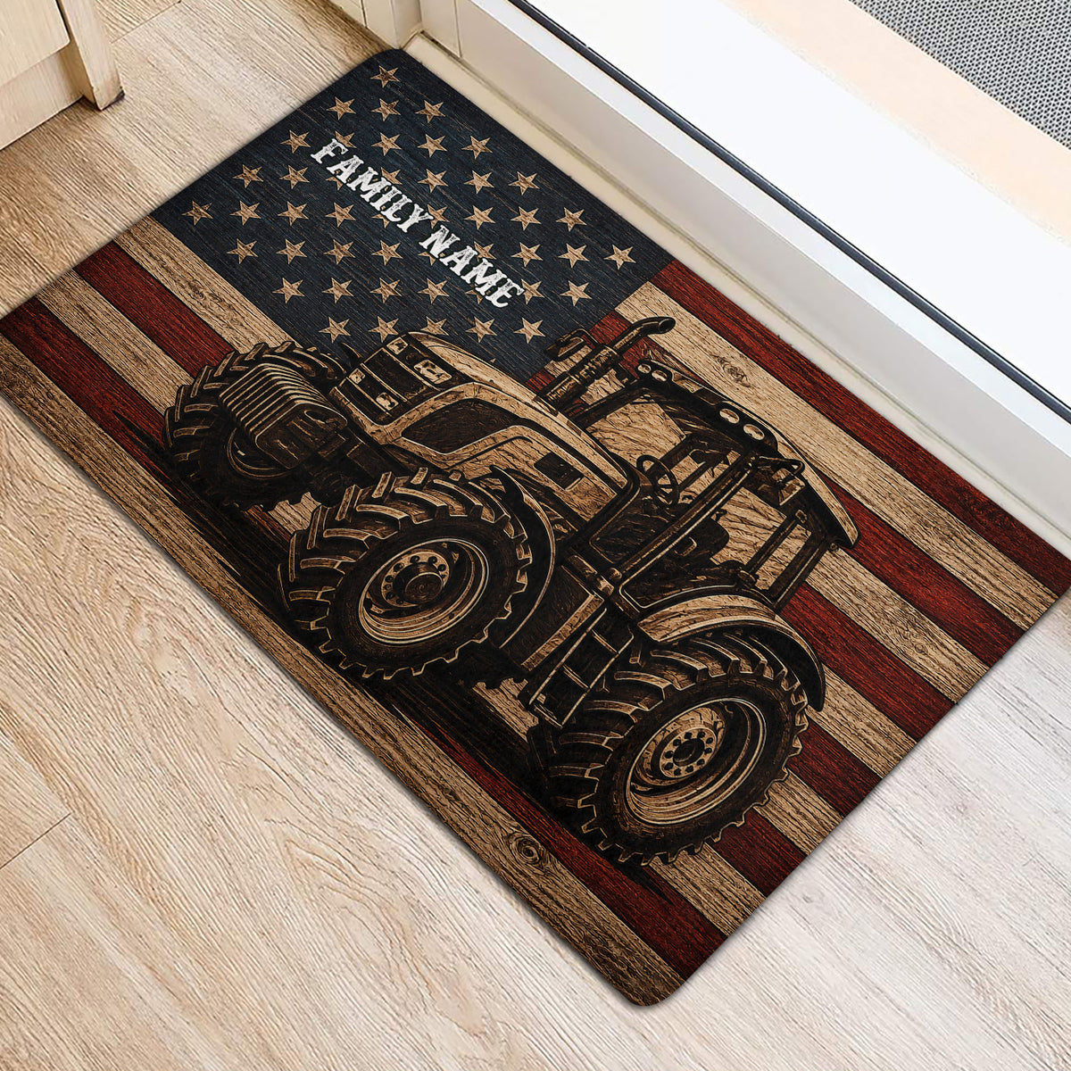 Tractor entryway rug placed beside a doorway with a vintage stars and stripes design