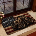 Farmhouse entryway featuring a rustic tractor doormat with a patriotic wood-grain background