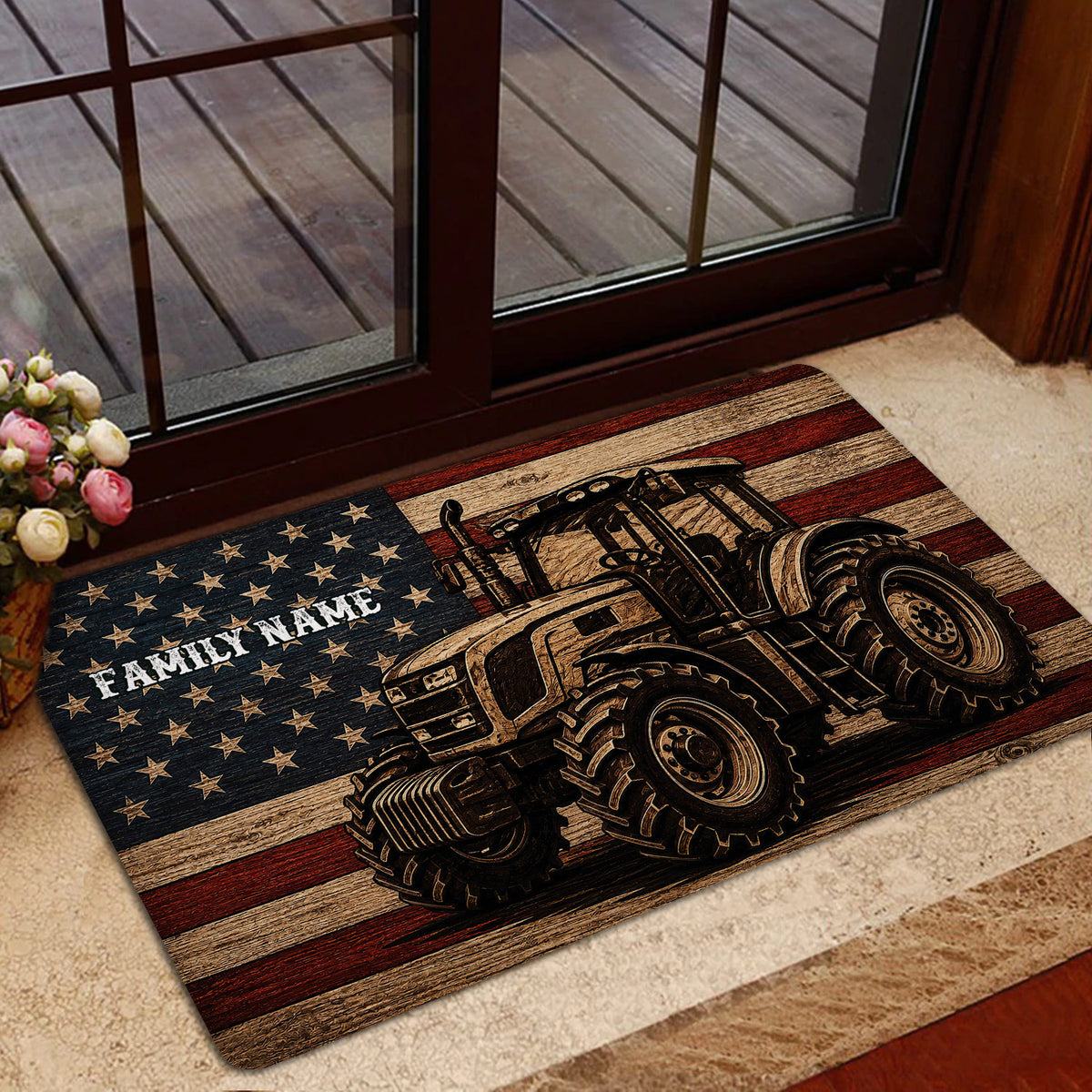 Farmhouse entryway featuring a rustic tractor doormat with a patriotic wood-grain background