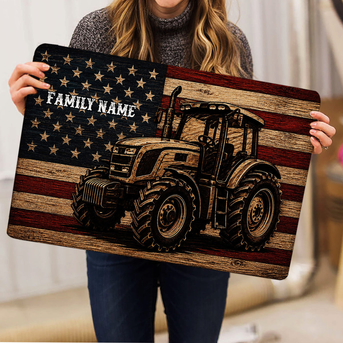 Tractor doormat held indoors, showing the full rustic vehicle artwork and stars and stripes theme