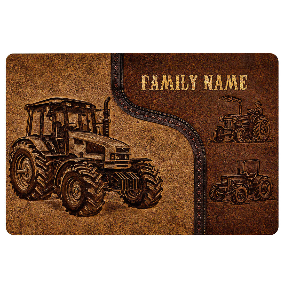 Rustic brown tractor doormat featuring vintage farm tractor artwork and western-inspired decorative details