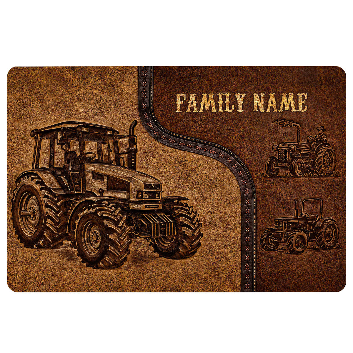 Rustic brown tractor doormat featuring vintage farm tractor artwork and western-inspired decorative details
