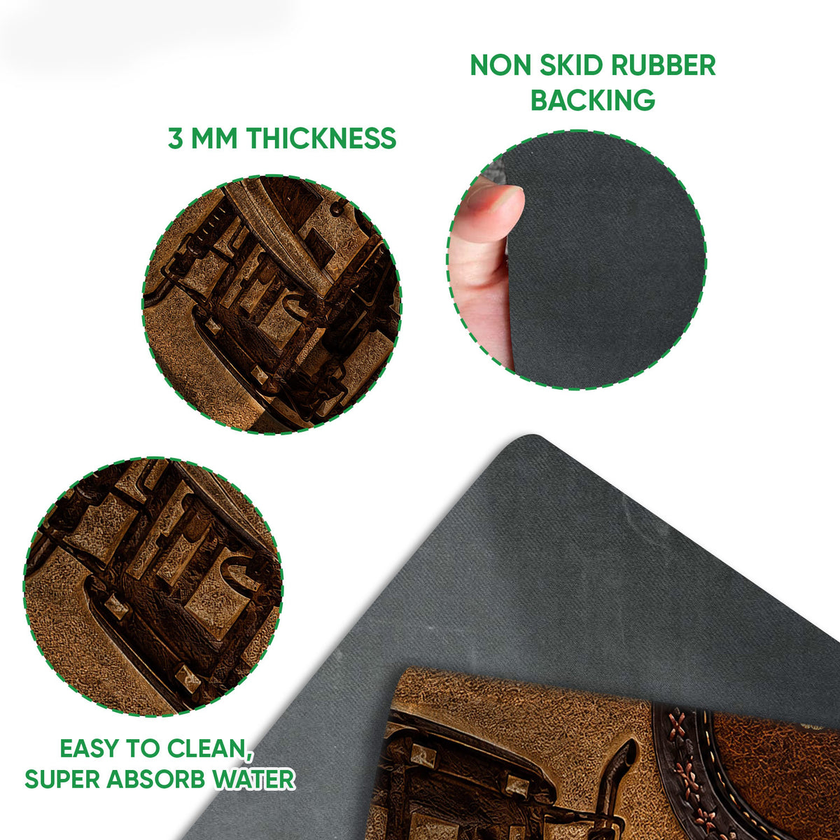 Close-up feature view of tractor doormat artwork with textured surface and black rubber backing