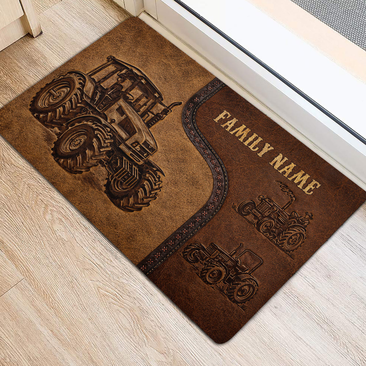 Rustic tractor door mat positioned near an entry door, featuring large tractor artwork and brown tones