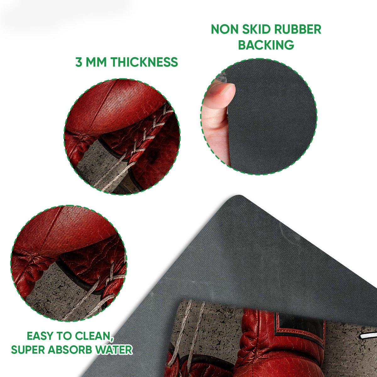 Boxing glove doormat detail showing the printed surface and black rubber backing