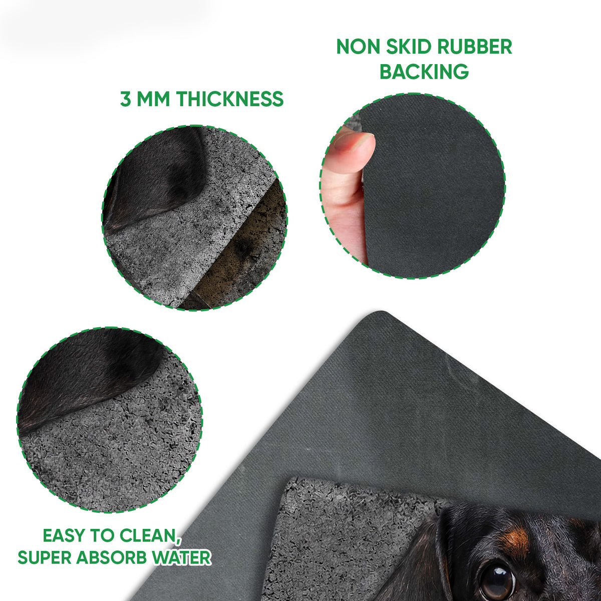 Dachshund doormat feature view showing the printed surface, textured backing, and rounded corners