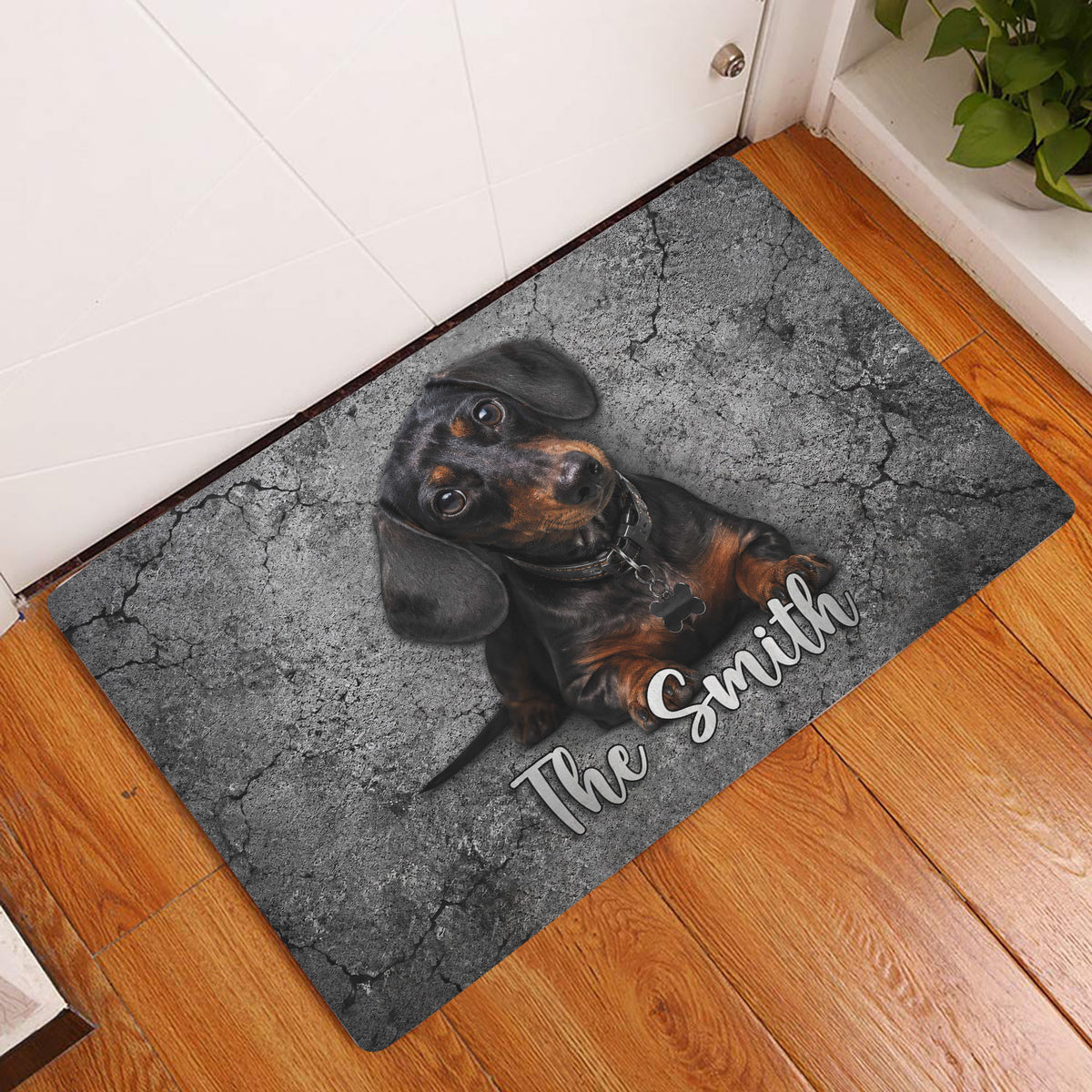 Dachshund entryway rug displayed beside a white door on a warm wood floor