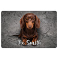 Dachshund doormat with a brown dog portrait on a gray cracked-stone background