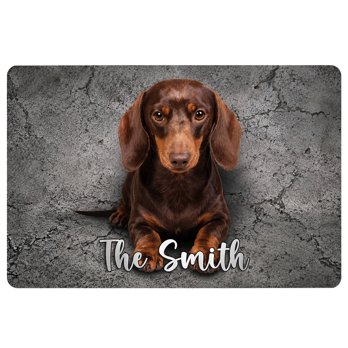 Dachshund doormat with a brown dog portrait on a gray cracked-stone background