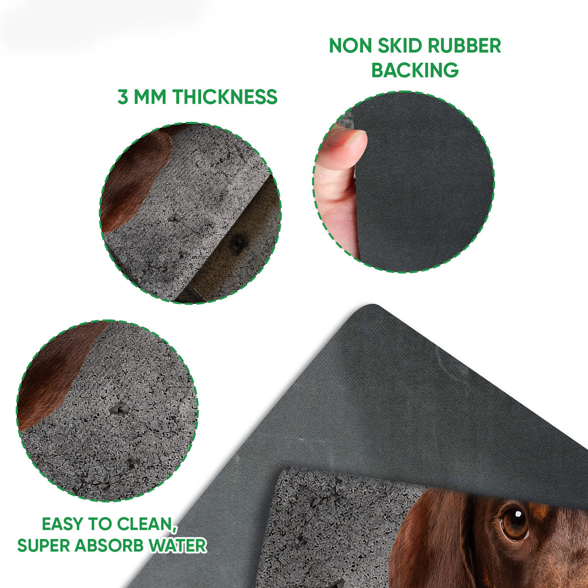 Dachshund doormat detail showing the printed surface, rubber backing, and thin profile