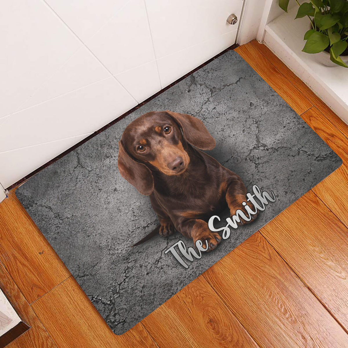 Dachshund entryway rug displayed beside a white door on a warm wood floor