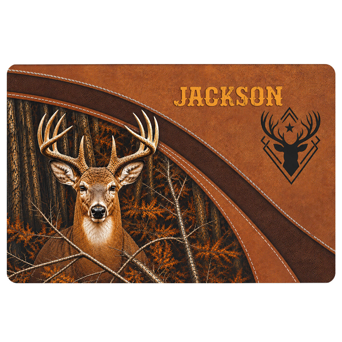 Hunting doormat featuring a whitetail deer in an autumn forest with rustic brown leather-inspired styling