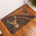 Whitetail deer hunting doormat displayed at a home entrance on a warm wood floor