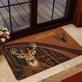 Hunting entryway mat featuring a detailed buck, woodland branches, and warm autumn colors